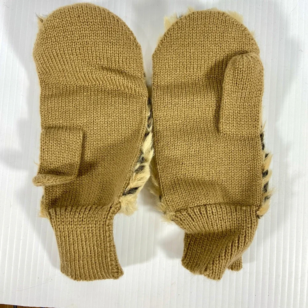 VTG Leopard Print Faux Fur Tan Knit Mittens Gloves Womens One‎ Size